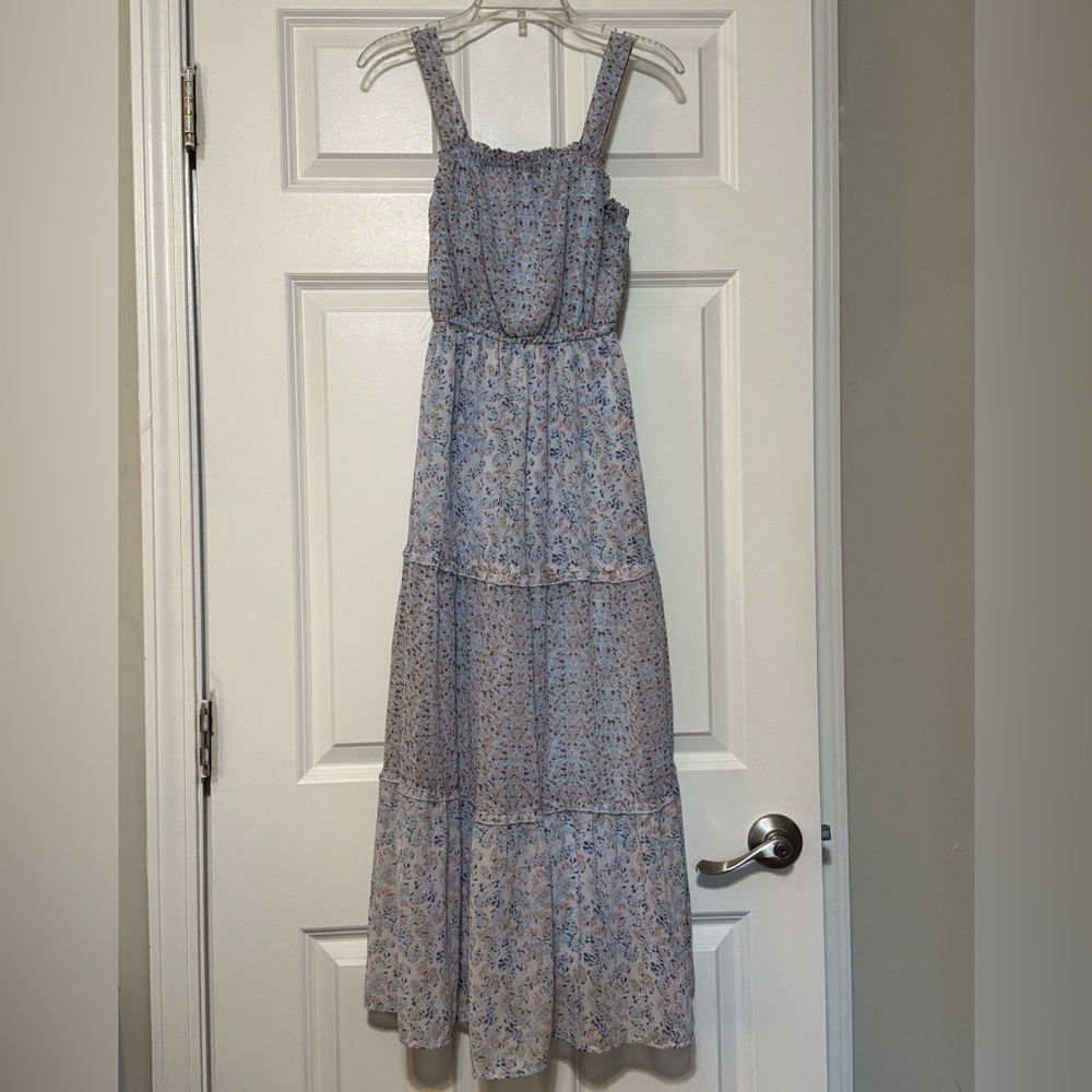 Japna Tiered Blue Peach Mixed Floral Summer Sleeveless Smocked Maxi Dress XS